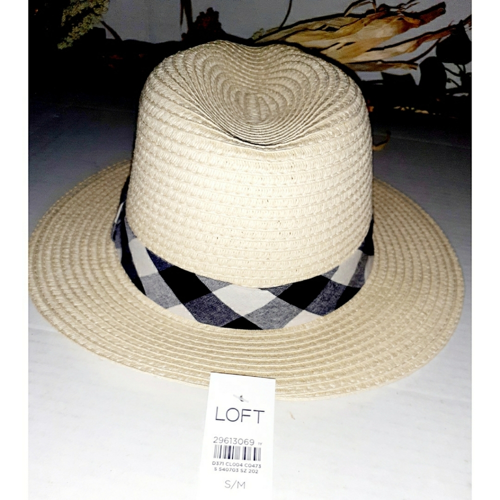 Loft Tan Packable Straw Fedora Hat - Plaid Bandage - Picture 4 of 15